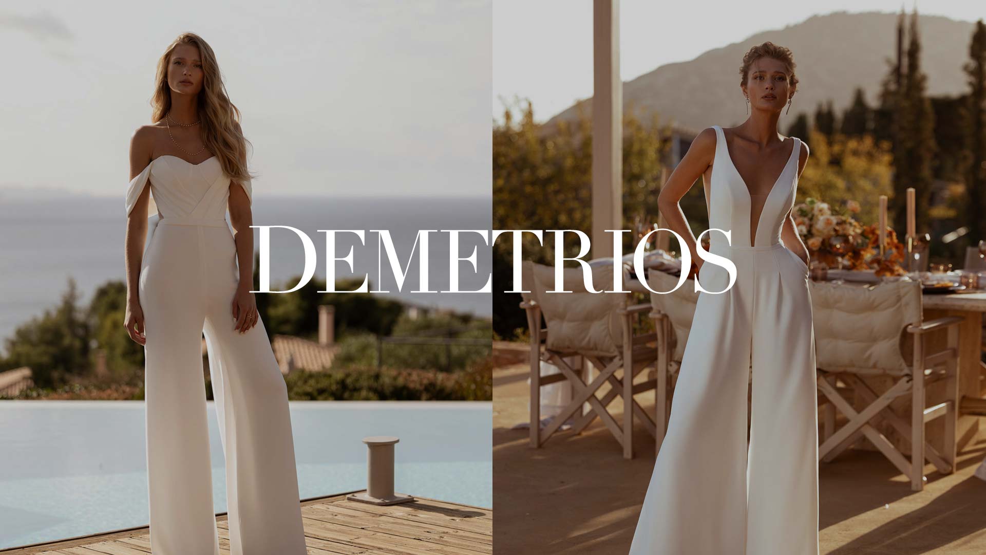 Brides wearing Demetrios bridal jumpsuits